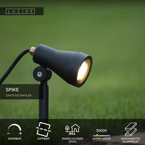 Lucide SPIKE - Gartenstrahler - Ø 6,5 cm - LED Dim. - GU10 - 1x5W 3000K - IP54 - Schwarz - USP